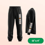Black sweatpants and long-sleeve shirt with customizable design areas on a beige background. 12"x4" label in corner.