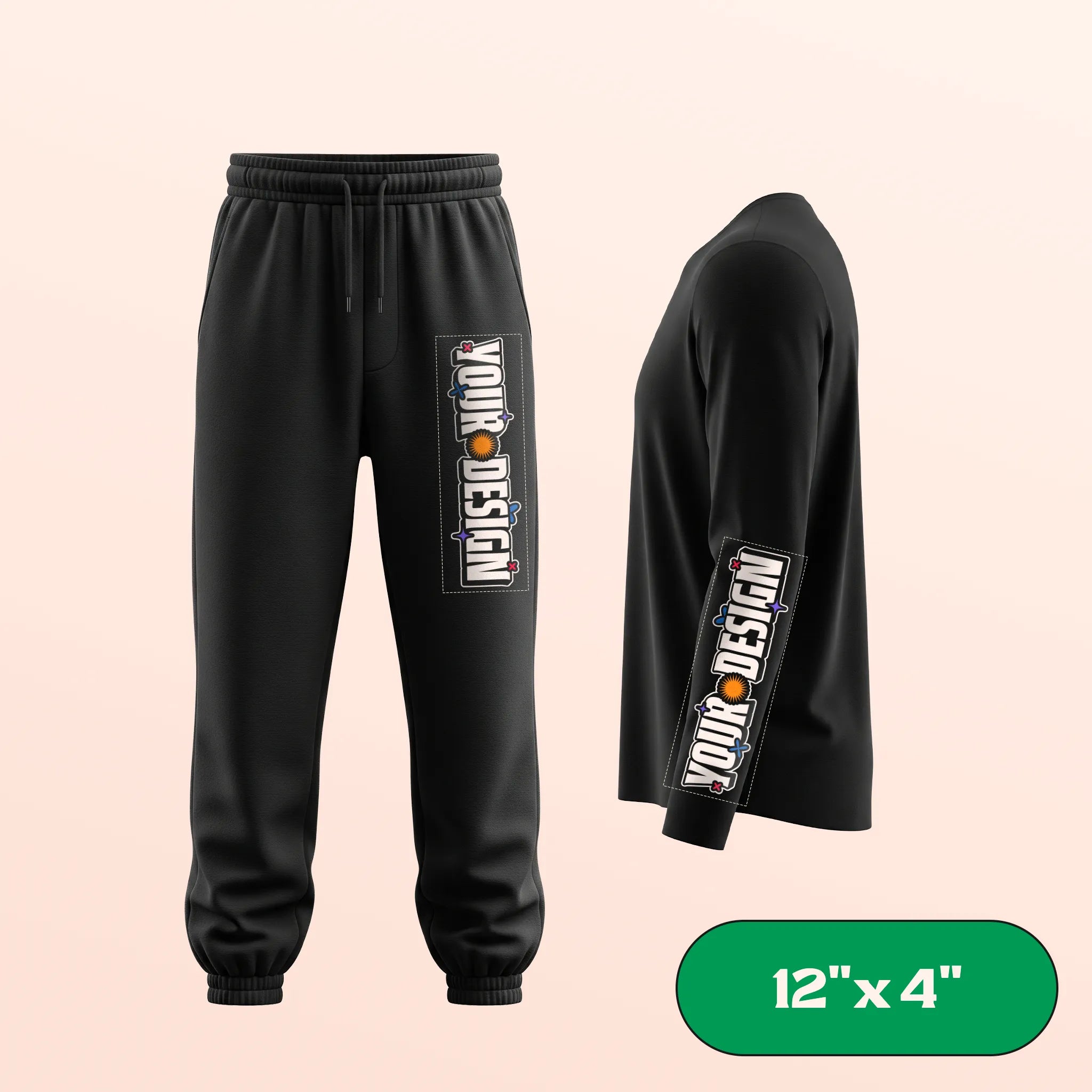 Black sweatpants and long-sleeve shirt with customizable design areas on a beige background. 12"x4" label in corner.