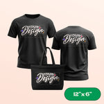Black t-shirt and tote bag with 'Your Design' text on a beige background. 12"x6" label in corner.