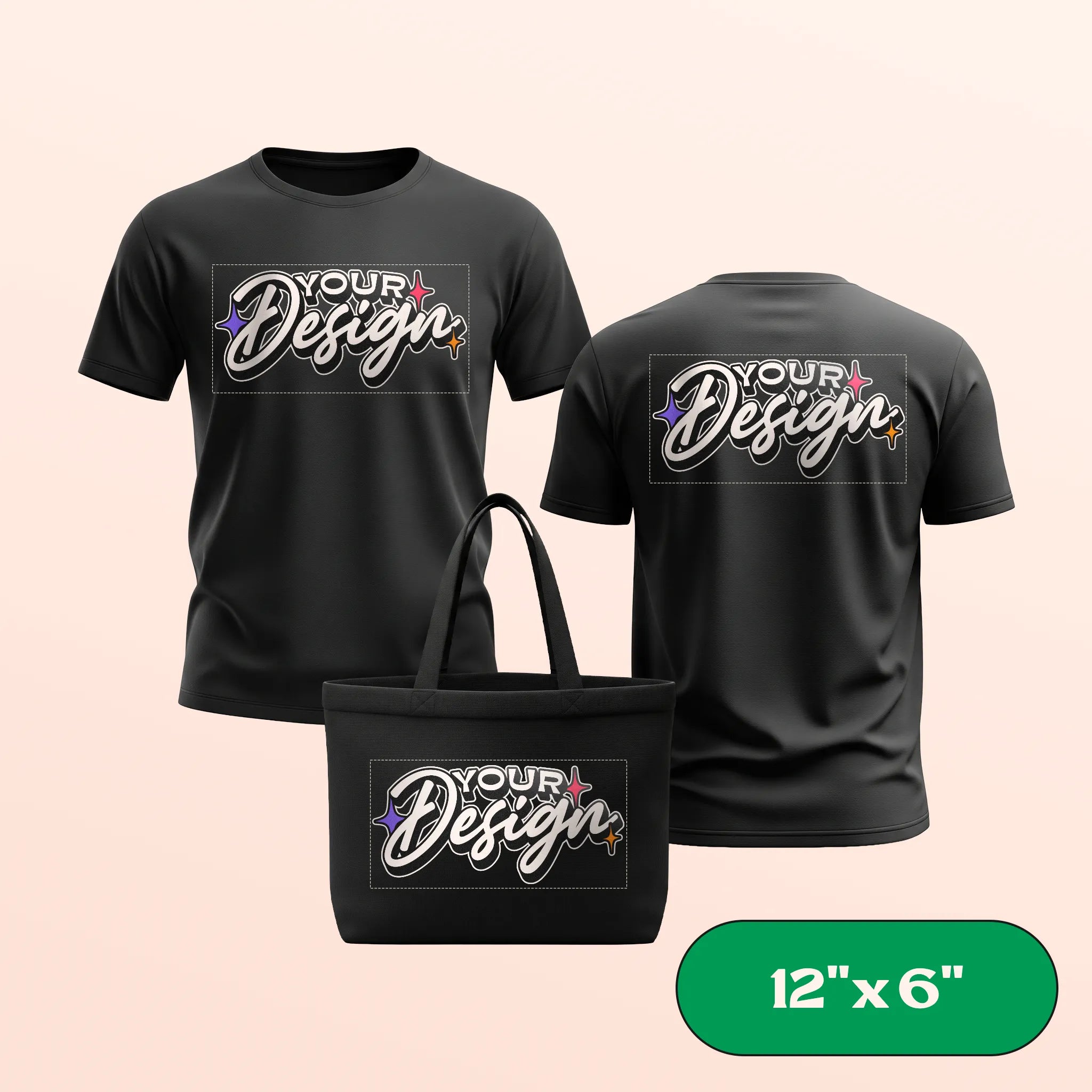 Black t-shirt and tote bag with 'Your Design' text on a beige background. 12"x6" label in corner.