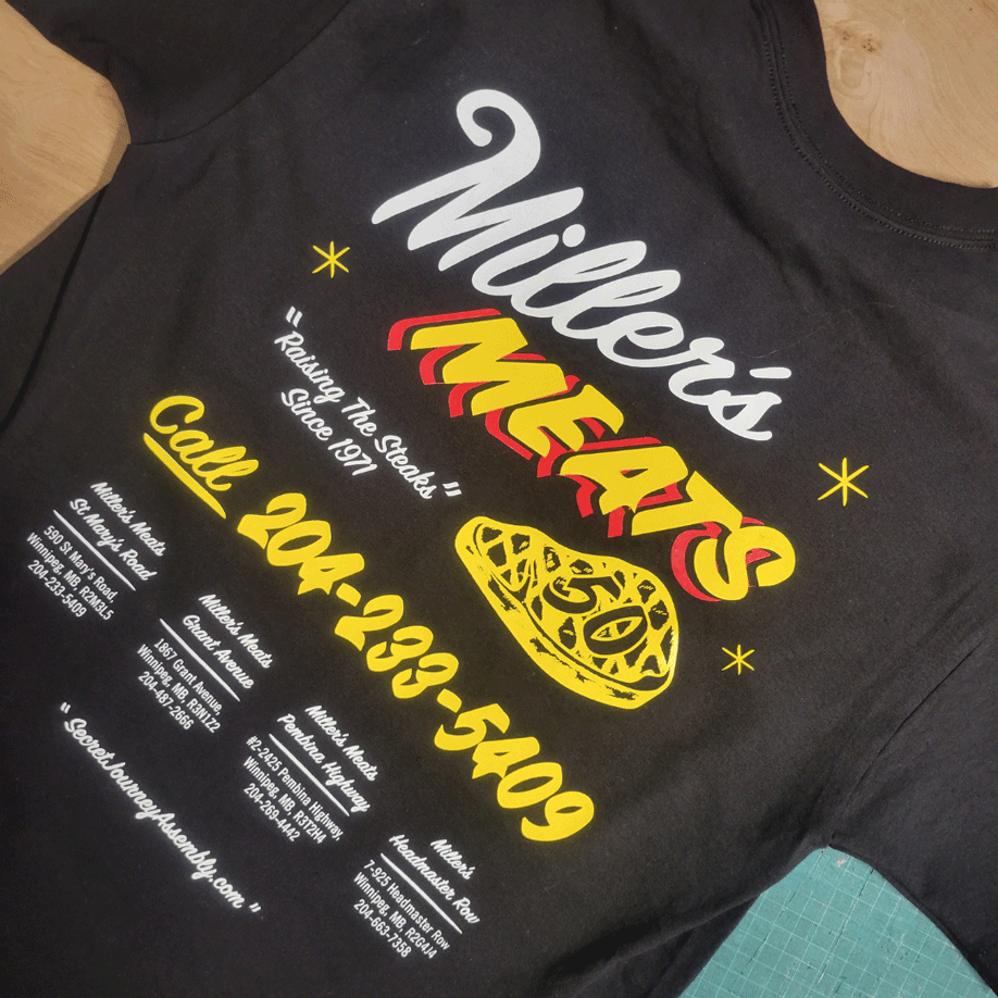 Millers Meats three colour screen print on black t-shirt.