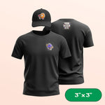 Black t-shirt and cap with customizable design area on a beige background. 3"x3" label in corner.
