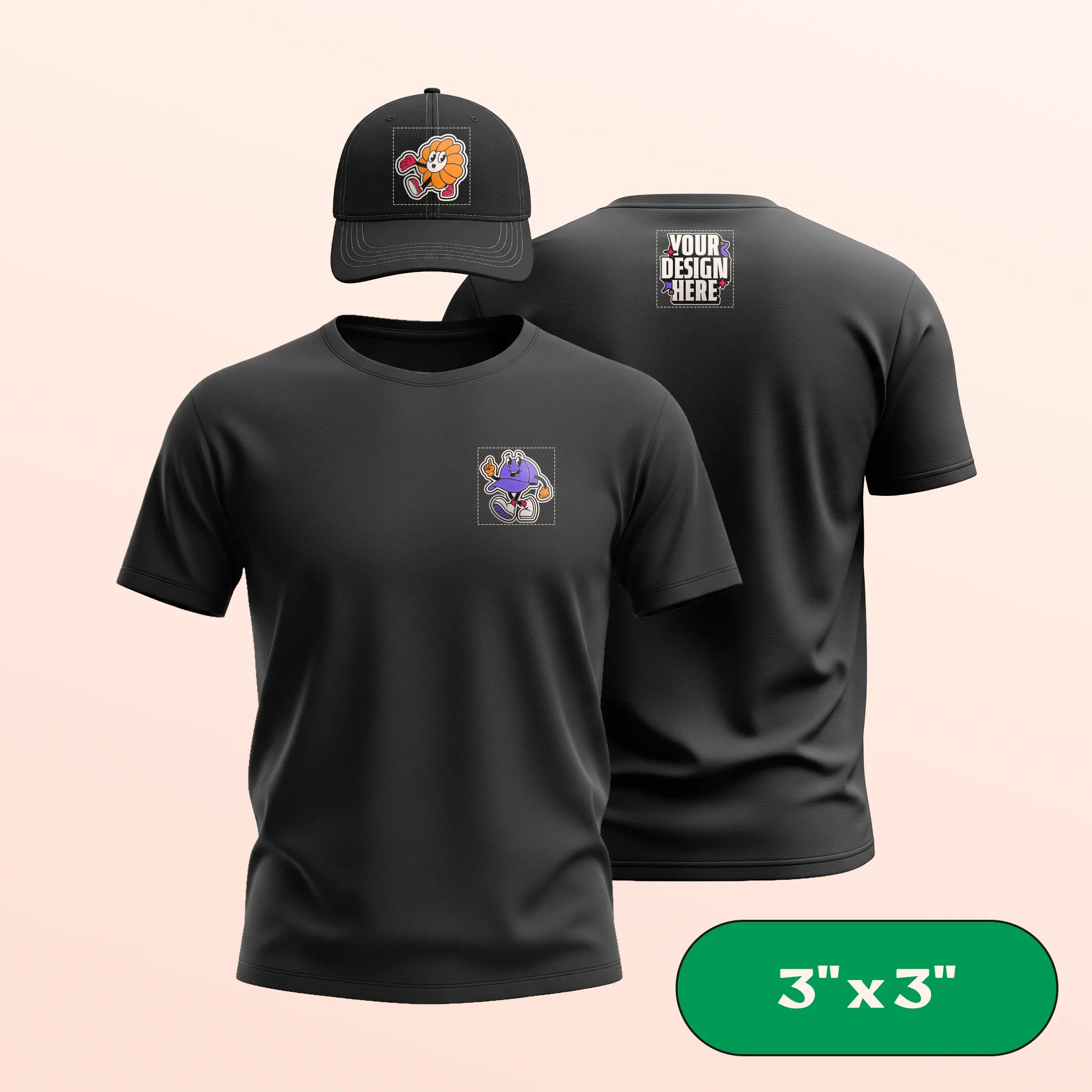 Black t-shirt and cap with customizable design area on a beige background. 3"x3" label in corner.