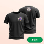 Black t-shirt with a small design on the front and 'Your Design Here' text on the back, on a beige background. 4"x4" label in corner.