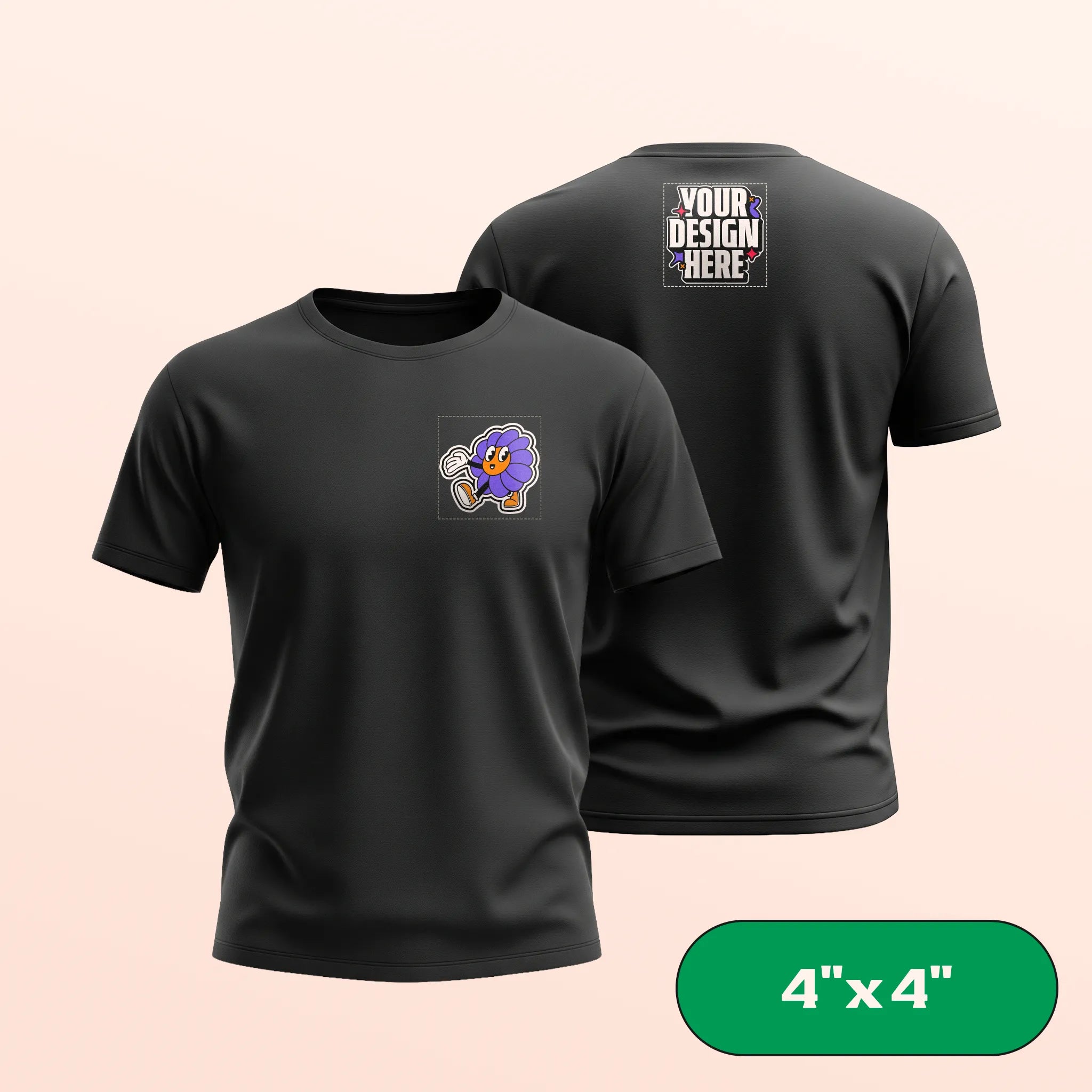 Black t-shirt with a small design on the front and 'Your Design Here' text on the back, on a beige background. 4"x4" label in corner.