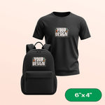 Black t-shirt and backpack with customizable design area on a beige background. 6"x4" label in corner.