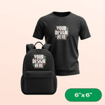 Black t-shirt and backpack with customizable design area on a beige background. 6"x6" label in corner.