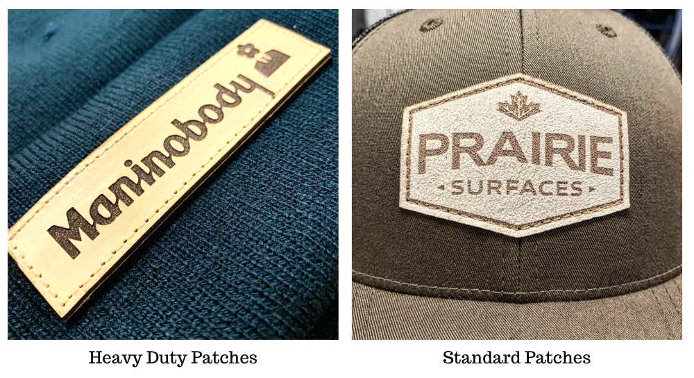 Tan and black Maninobody and Prairie Surfaces Lazer cut leather patch on blue garment and tab cap.