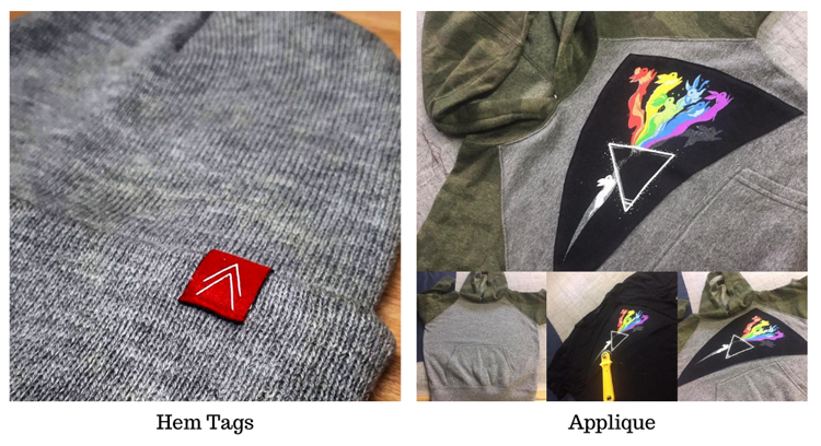 Red hem tag on grey toque & multi colour appliqué of coloured rabbits on grey and camo hoodie.