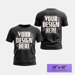 Black t-shirt with 'Your Design Here' DTF prints on front and back