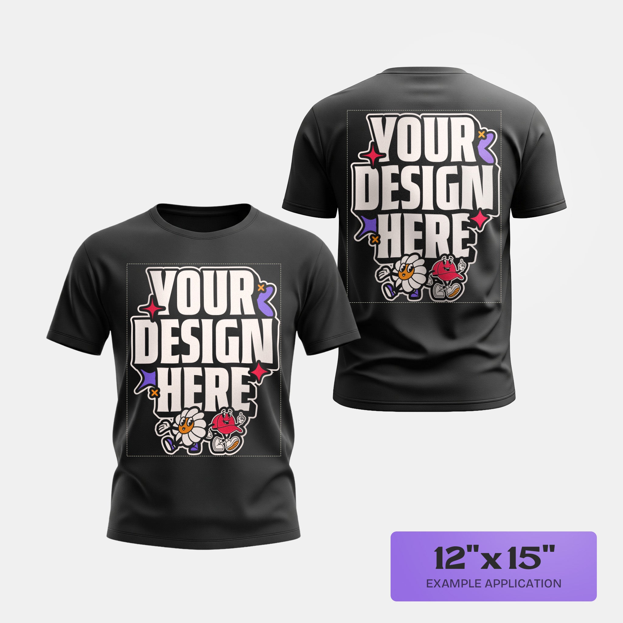 Black t-shirt with 'Your Design Here' DTF prints on front and back