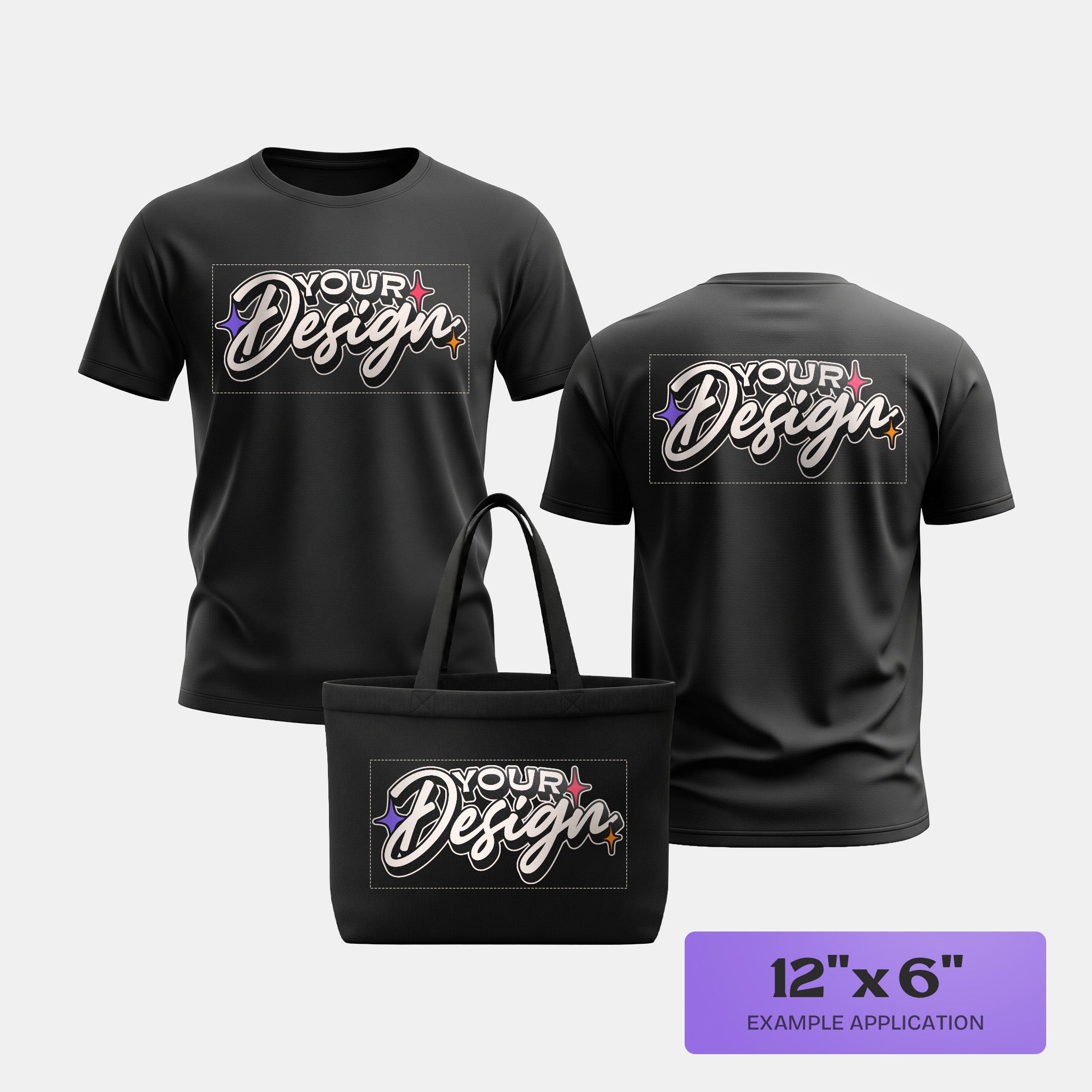 Black t-shirt and tote bag with Custom DTF designs on a white background