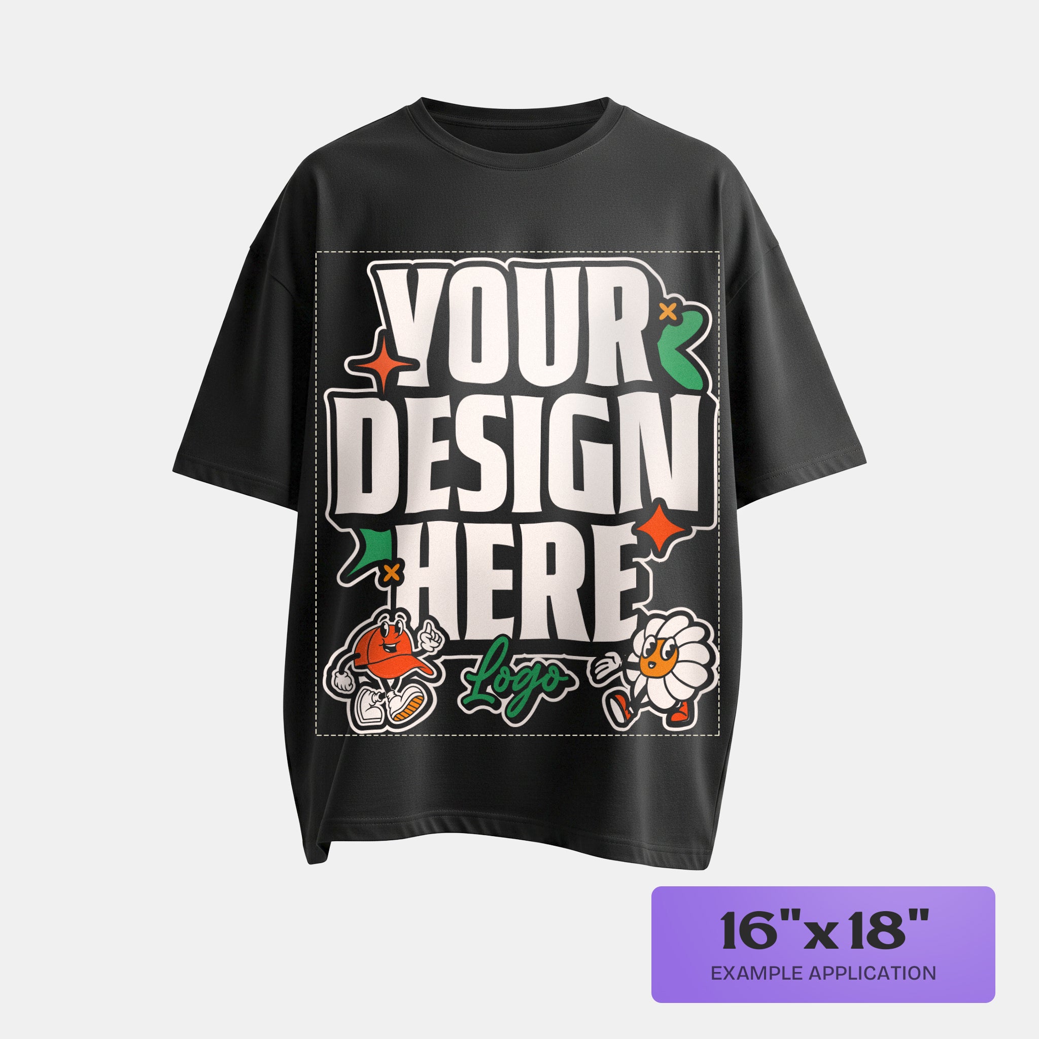 oversized black t-shirt with customizable dtf design area on a white background