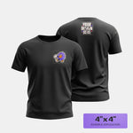 Black t-shirt with a small logo on the chest and space for a larger dtf design on the back, on a white background.