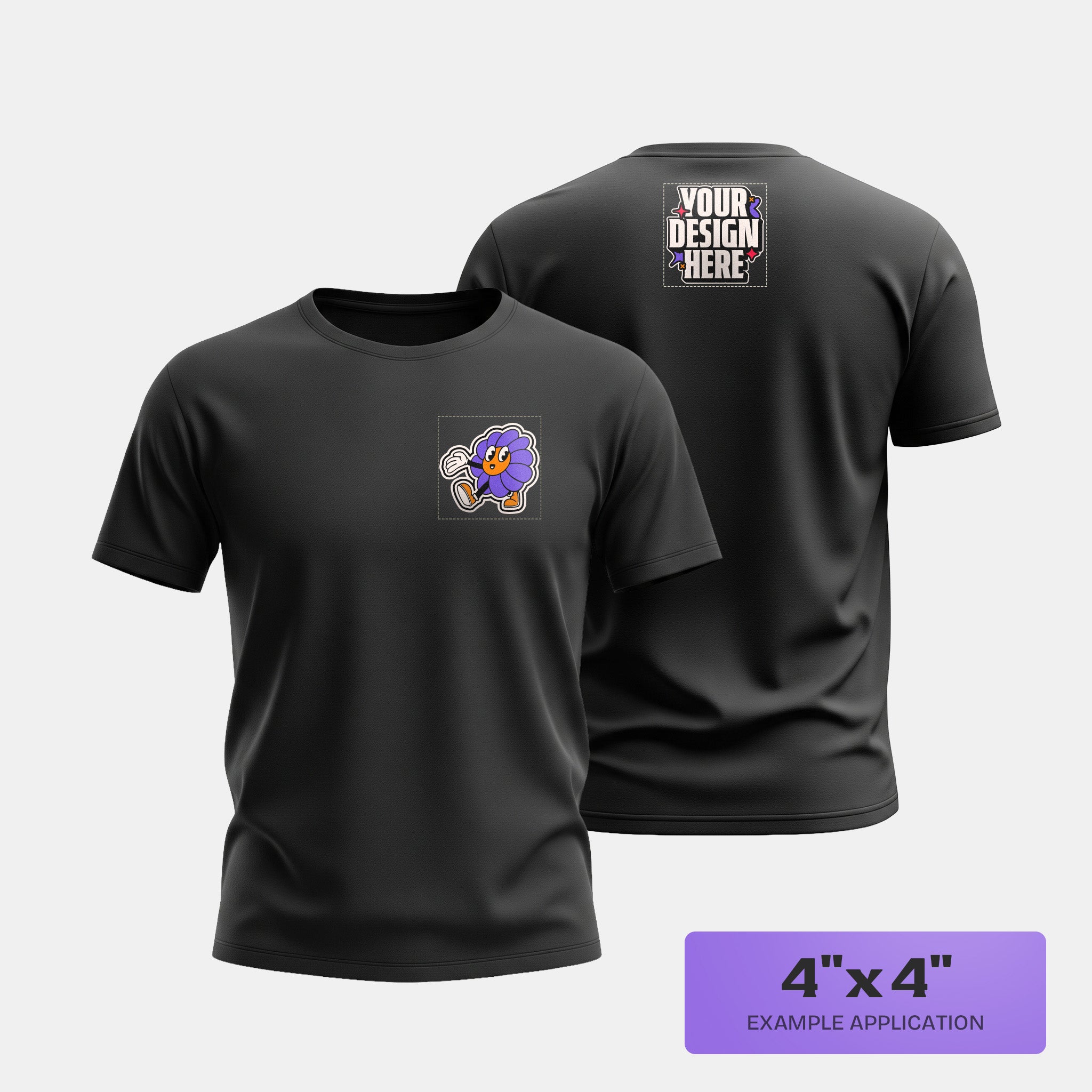 Black t-shirt with a small logo on the chest and space for a larger dtf design on the back, on a white background.