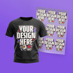 Black t-shirt with 'Your Design Here' text and a DTF transfer sheet of customizable designs on a purple background