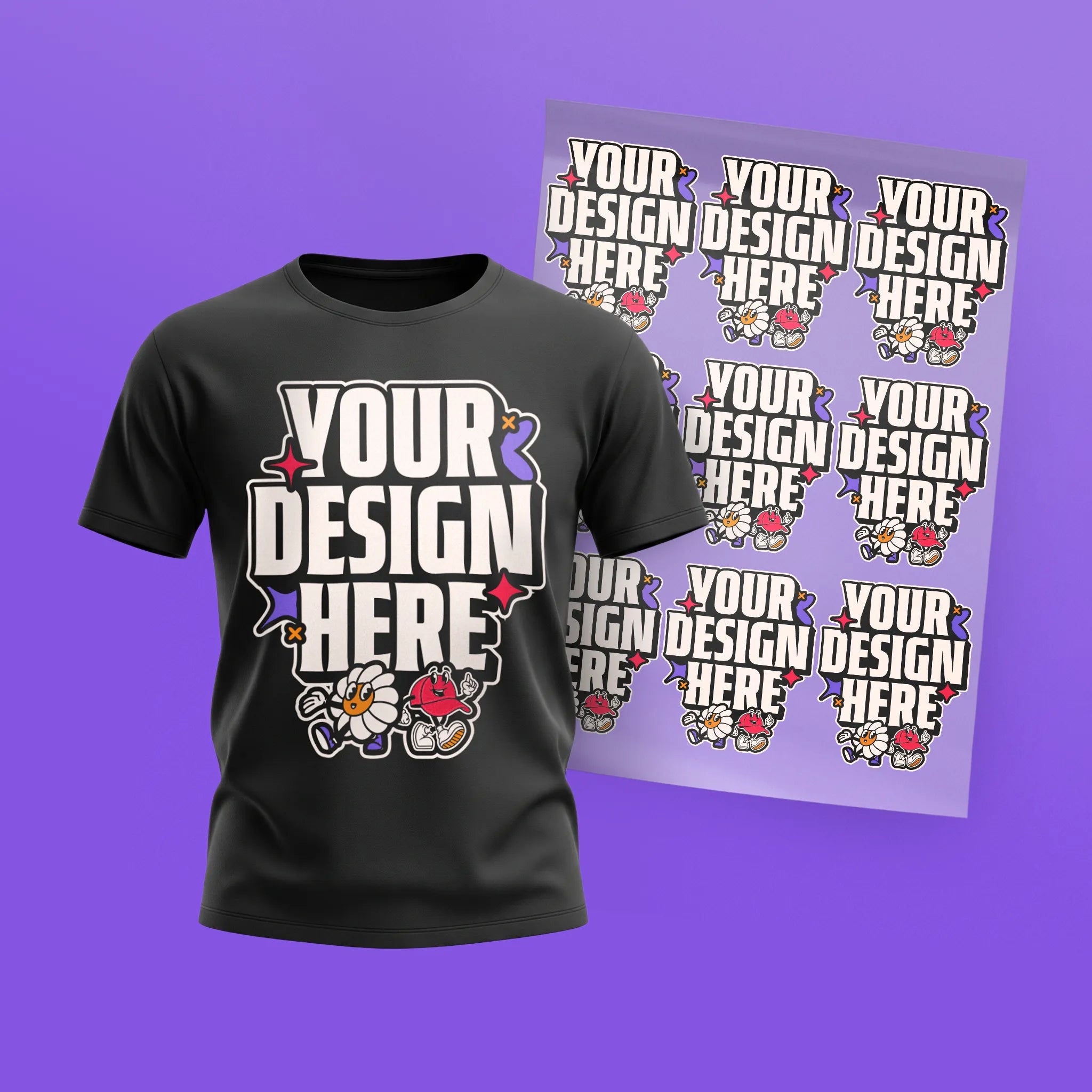 Black t-shirt with 'Your Design Here' text and a DTF transfer sheet of customizable designs on a purple background