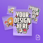 Custom DTF transfers with upload your design icon in the bottom right corner against a purple background.