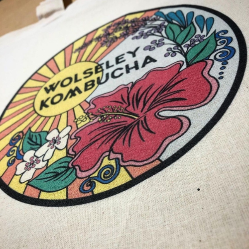 Digital print of Wolseley Kombucha logo on tote bag.