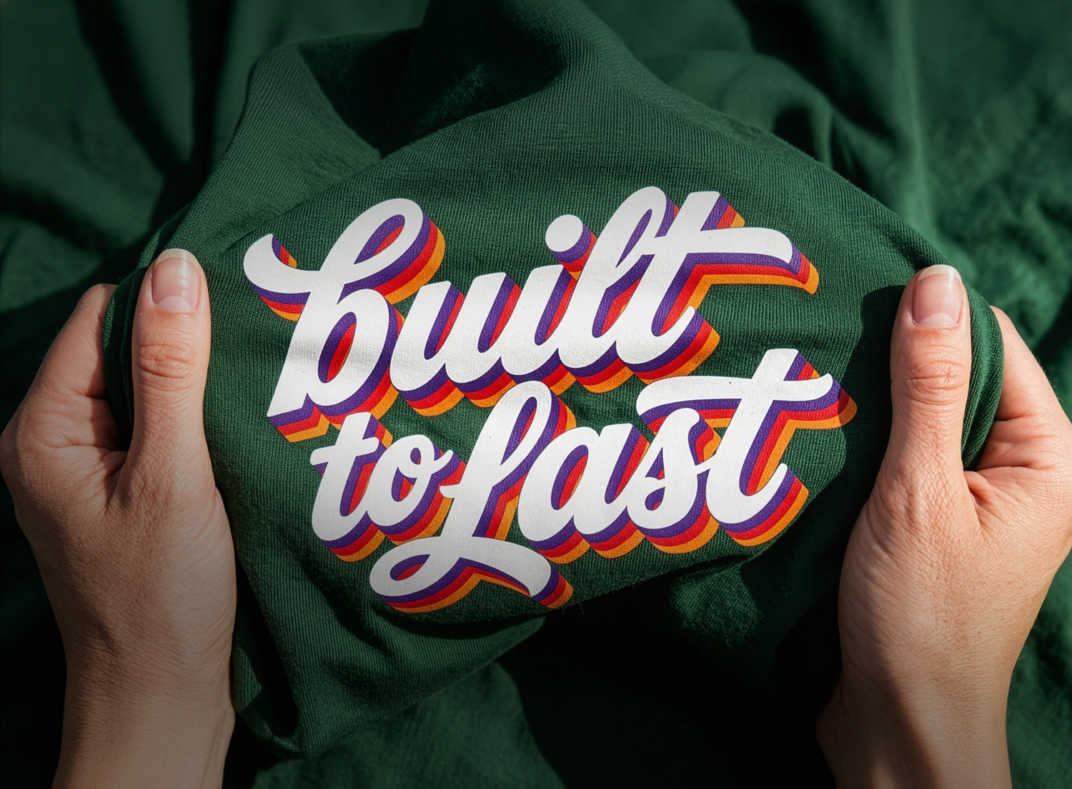 Green sweatshirt with 'Built to Last' text in colorful letters being stretched by hands.