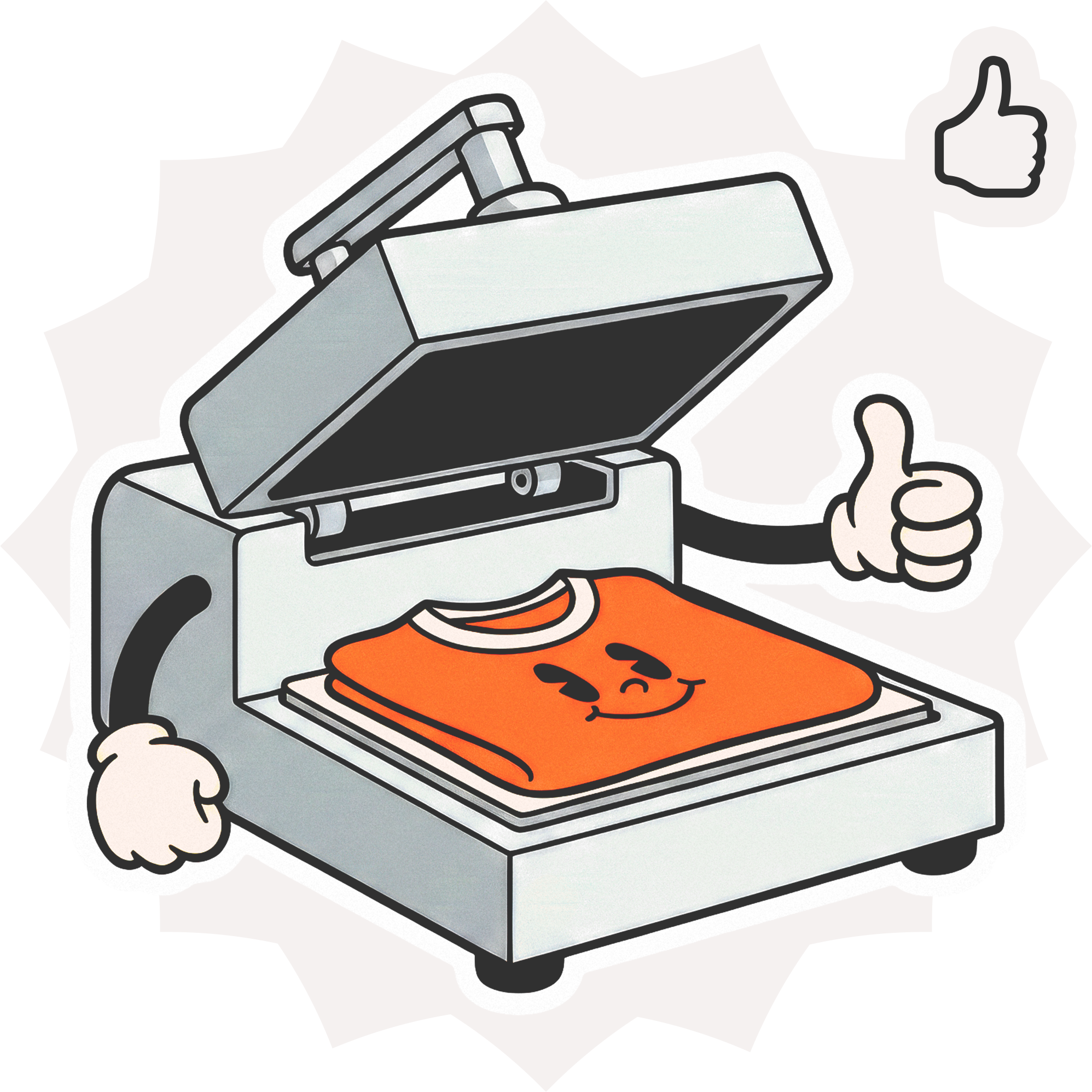 Cartoon heat press with an orange smiley-graphic shirt, giving a thumbs up