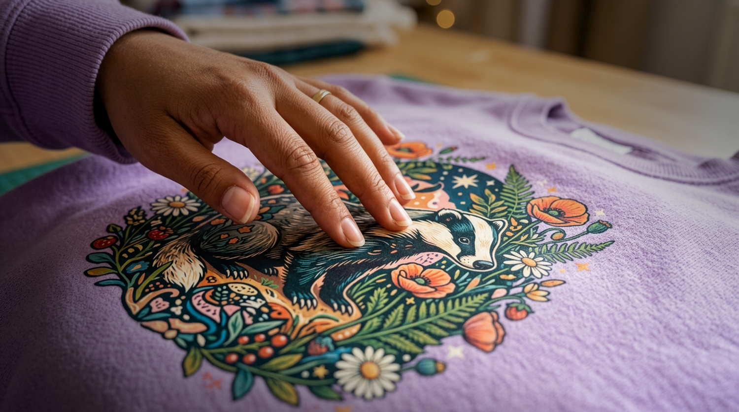 Hand touching a colorful dtf transfer printed design on a lilac coloured fabric