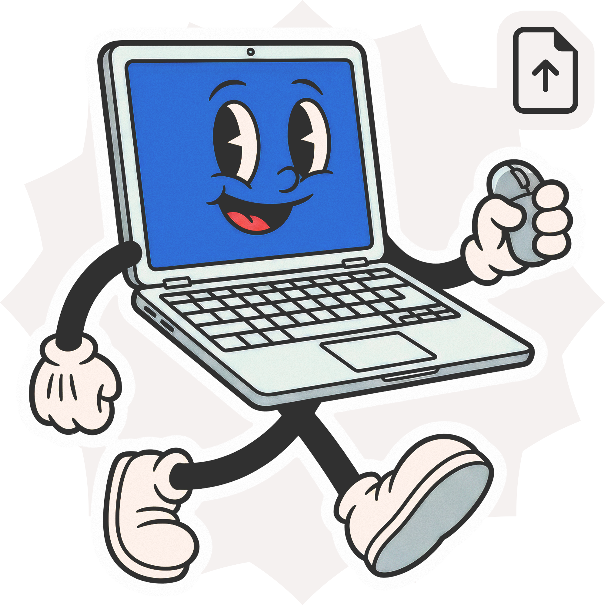 Cartoon laptop with arms, legs, and a face holding a mouse.