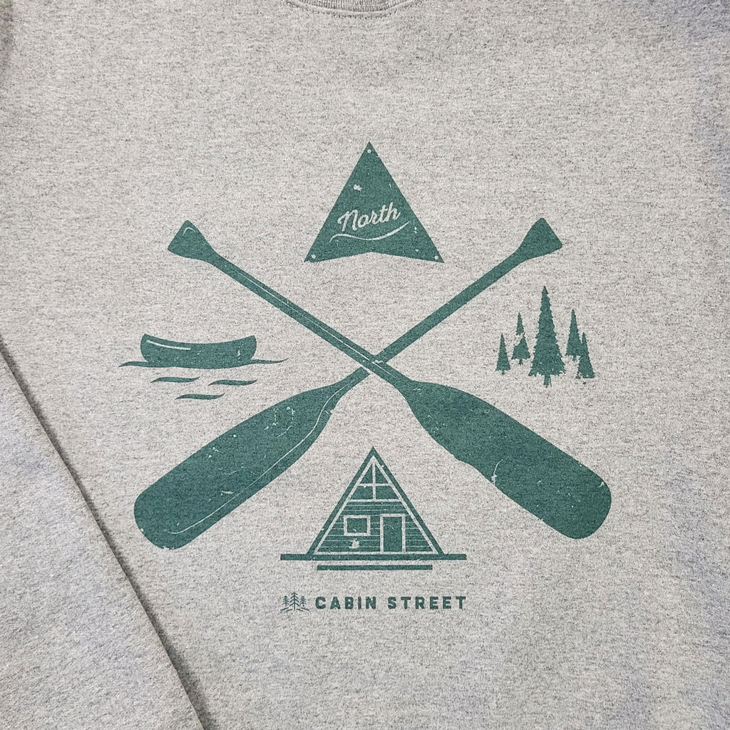 Grey Cabin Street Sweatshirt with Green Cabin Street graphic of canoe ores, canoe, trees & cabin