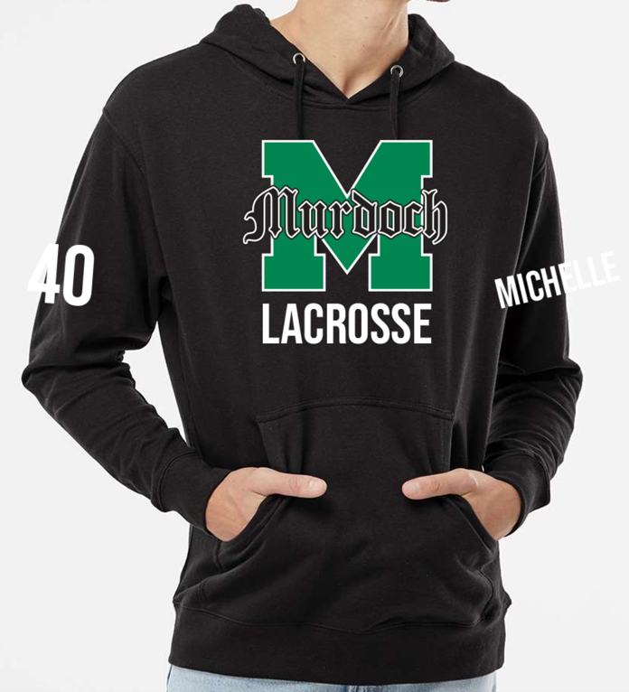 Black Murdoch Lacrosse on black hoodie.